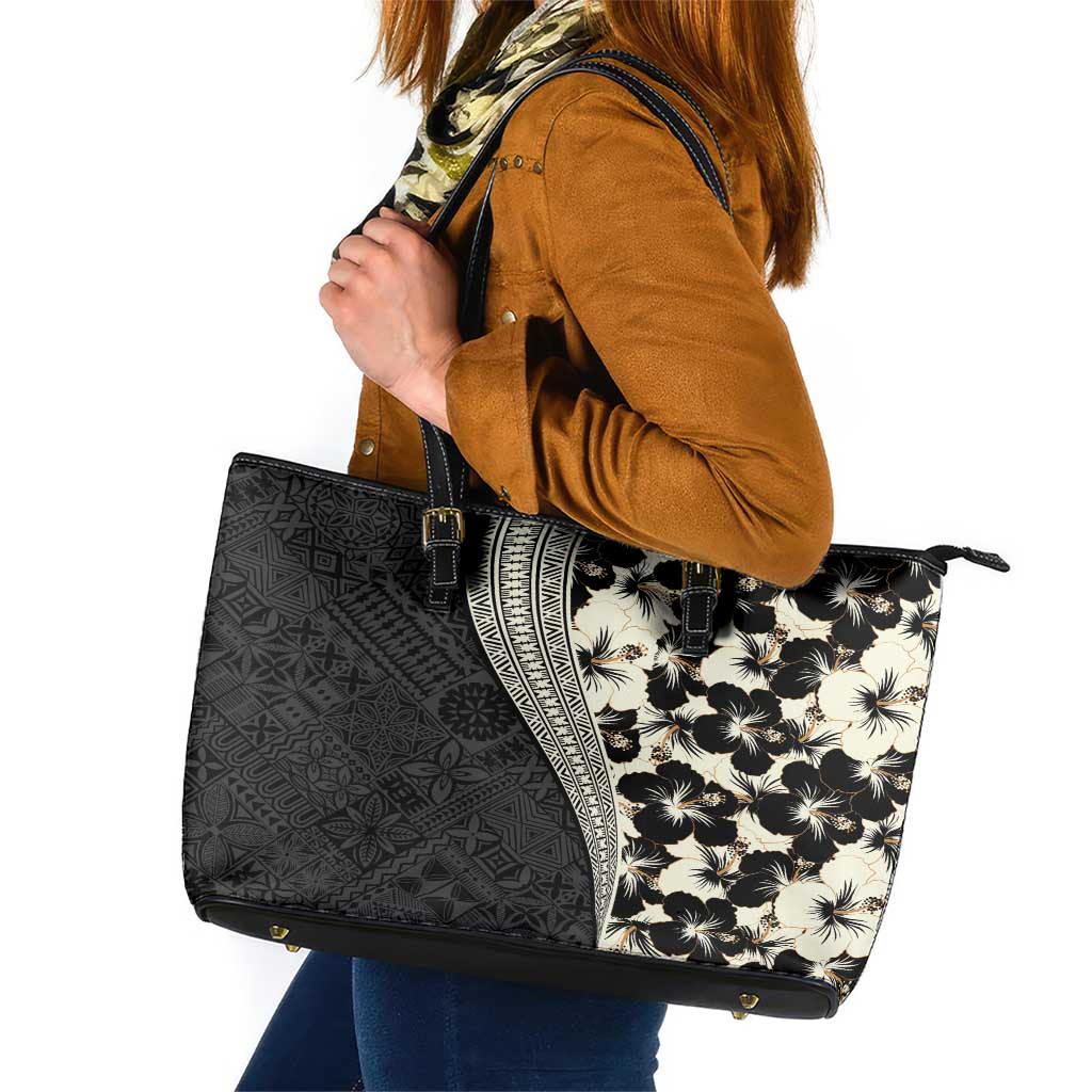 Bula Hibiscus Festival Leather Tote Bag Tapa Pattern Half Style LT03 Beige - Polynesian Pride