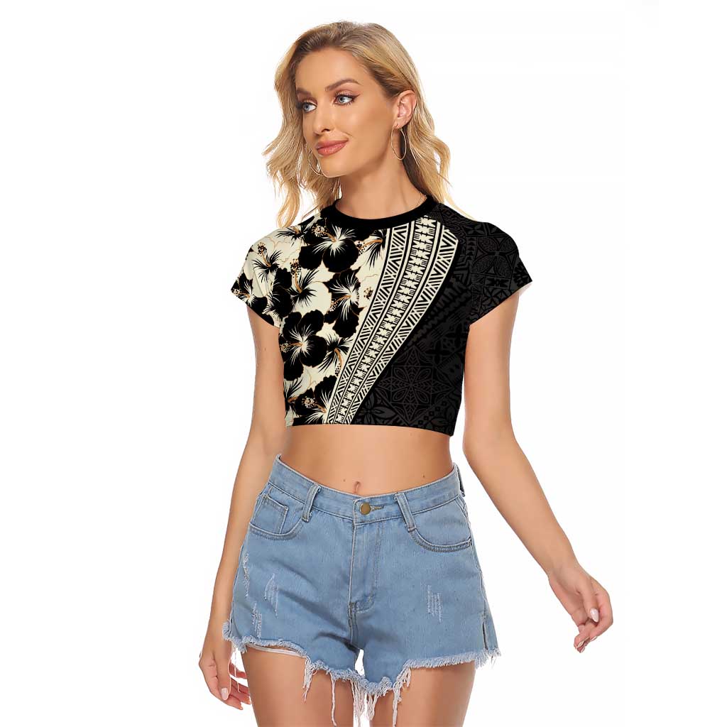 Bula Hibiscus Festival Raglan Cropped T Shirt Tapa Pattern Half Style LT03 Female Beige - Polynesian Pride