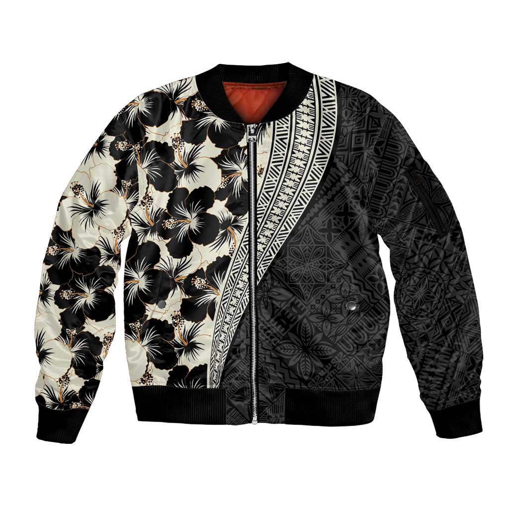 Bula Hibiscus Festival Sleeve Zip Bomber Jacket Tapa Pattern Half Style