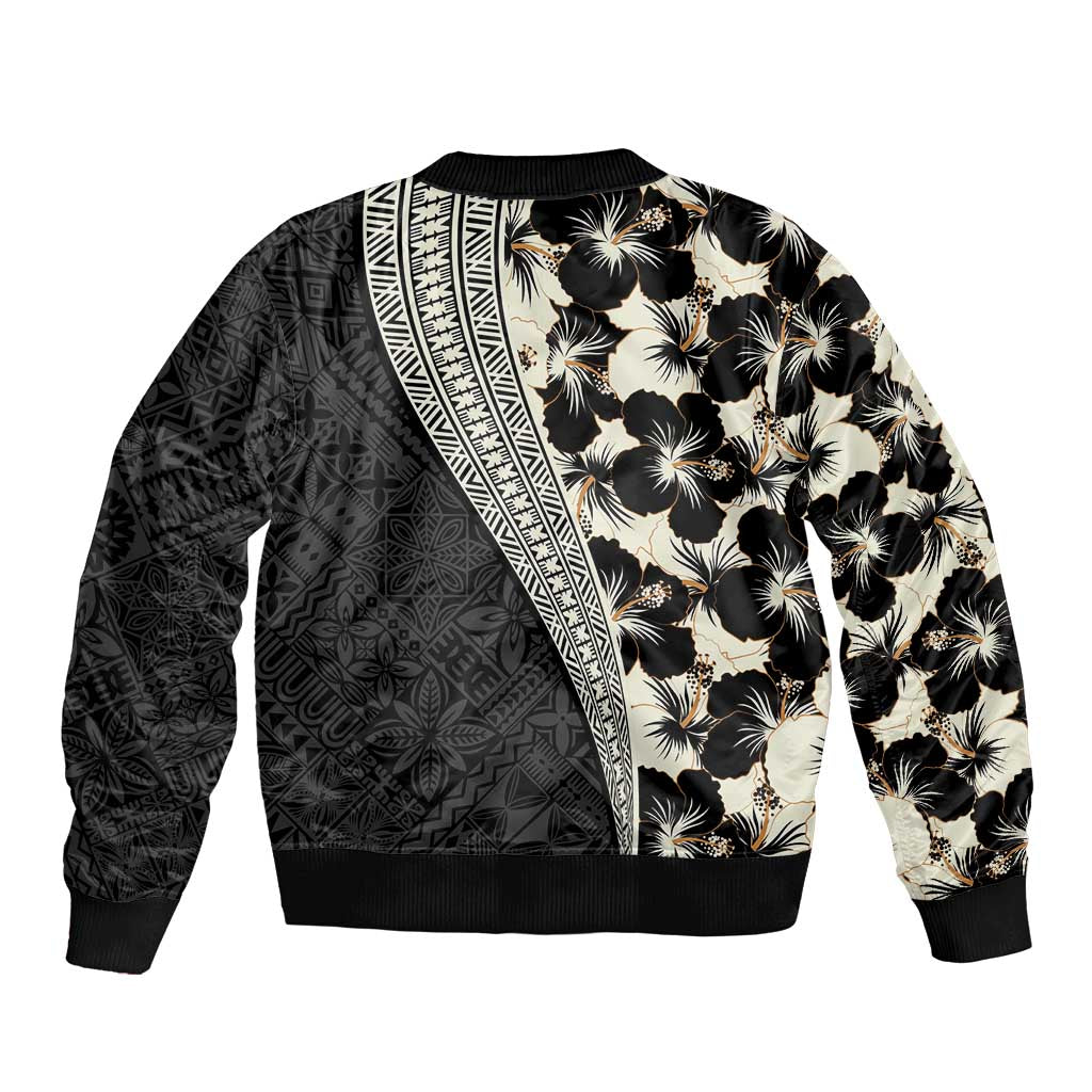 Bula Hibiscus Festival Sleeve Zip Bomber Jacket Tapa Pattern Half Style