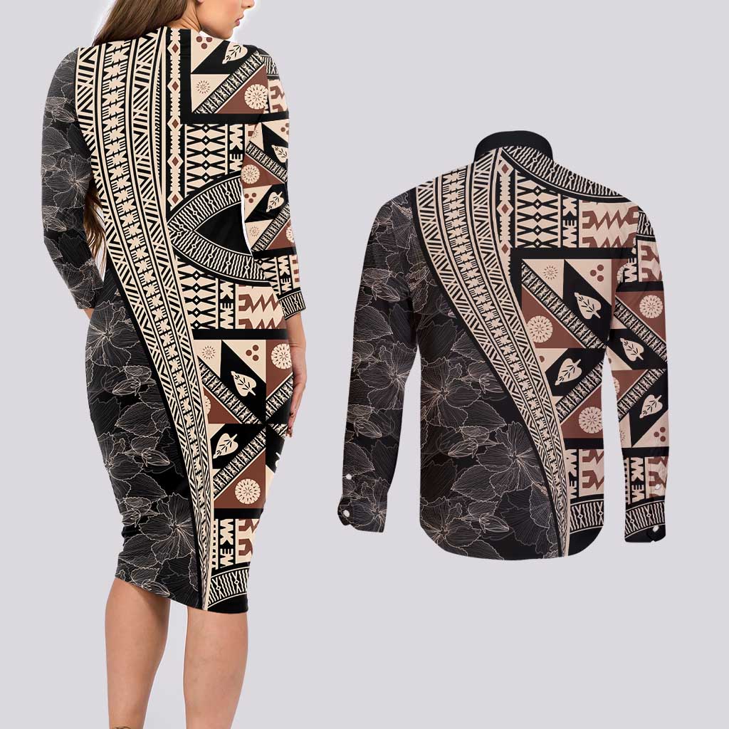 Bula Hibiscus Festival Couples Matching Long Sleeve Bodycon Dress and Long Sleeve Button Shirt Fijian Masi Pattern Half Style