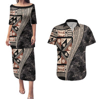 Bula Hibiscus Festival Couples Matching Puletasi and Hawaiian Shirt Fijian Masi Pattern Half Style LT03 Beige - Polynesian Pride