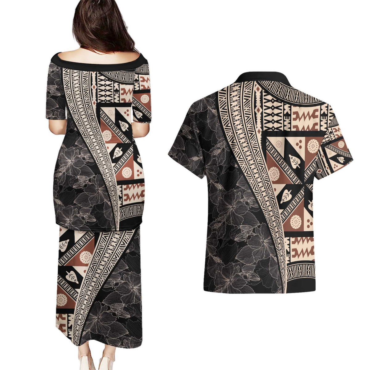 Bula Hibiscus Festival Couples Matching Puletasi and Hawaiian Shirt Fijian Masi Pattern Half Style LT03 - Polynesian Pride