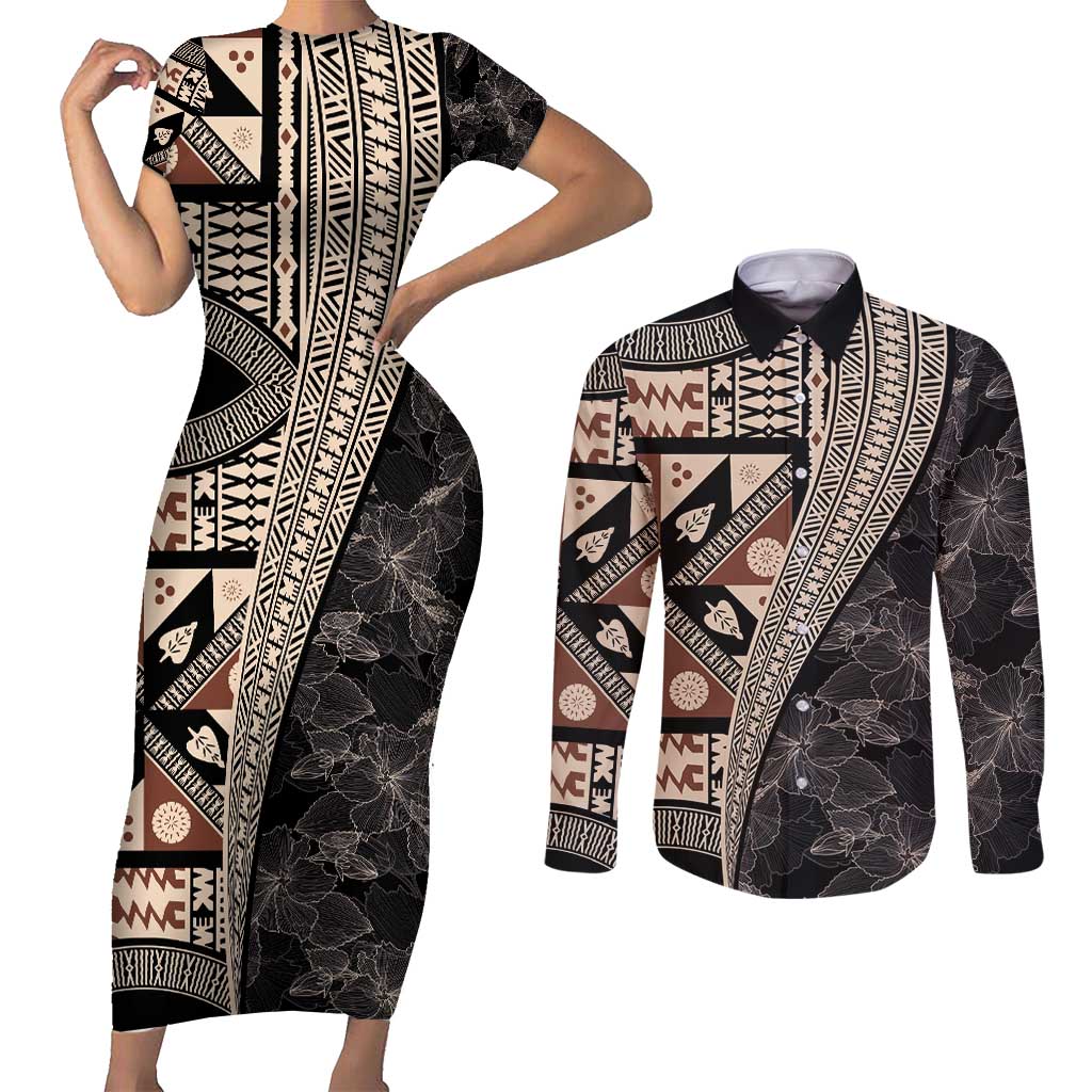 Bula Hibiscus Festival Couples Matching Short Sleeve Bodycon Dress and Long Sleeve Button Shirt Fijian Masi Pattern Half Style