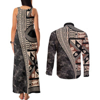 Bula Hibiscus Festival Couples Matching Tank Maxi Dress and Long Sleeve Button Shirt Fijian Masi Pattern Half Style