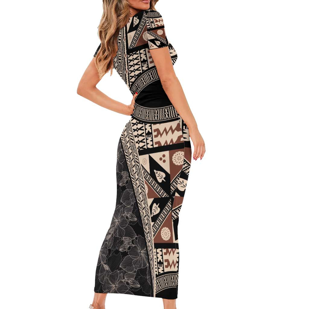 Bula Hibiscus Festival Family Matching Short Sleeve Bodycon Dress and Hawaiian Shirt Fijian Masi Pattern Half Style