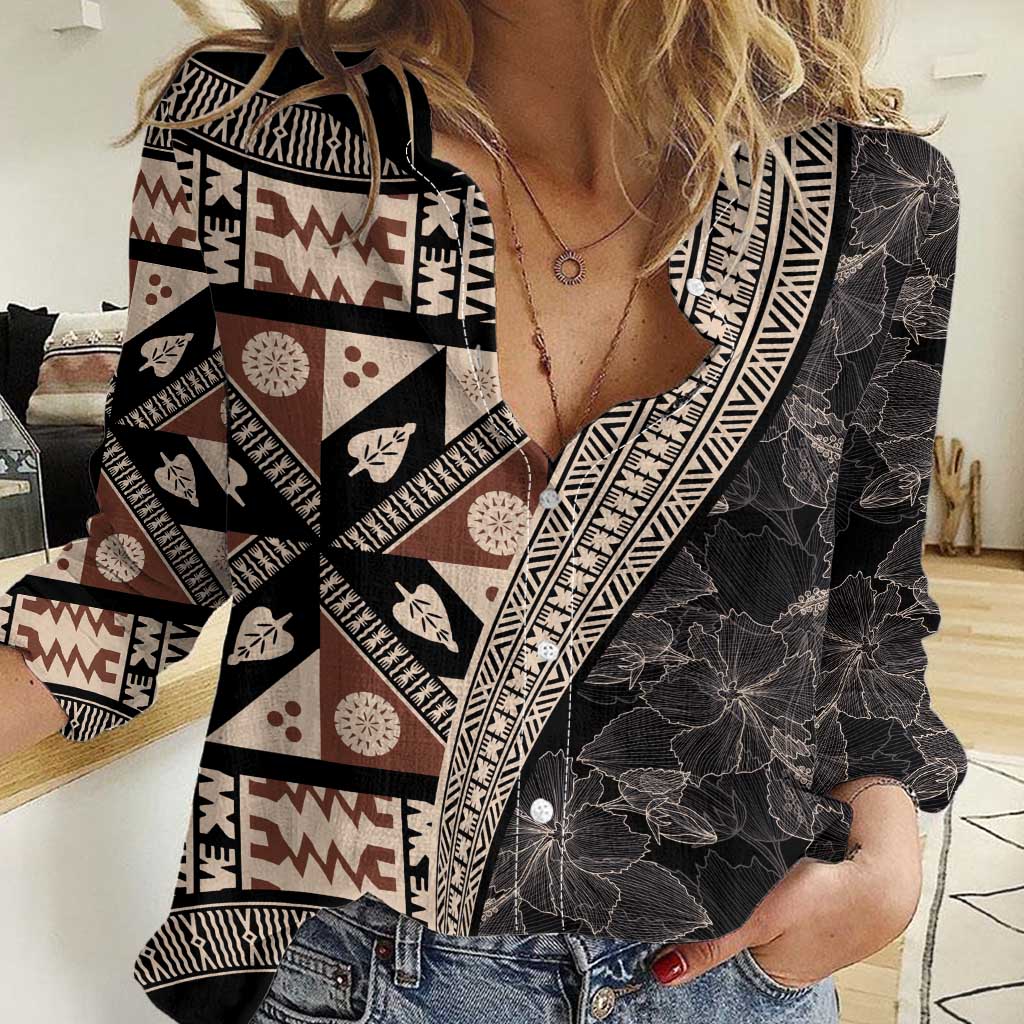 Bula Hibiscus Festival Women Casual Shirt Fijian Masi Pattern Half Style