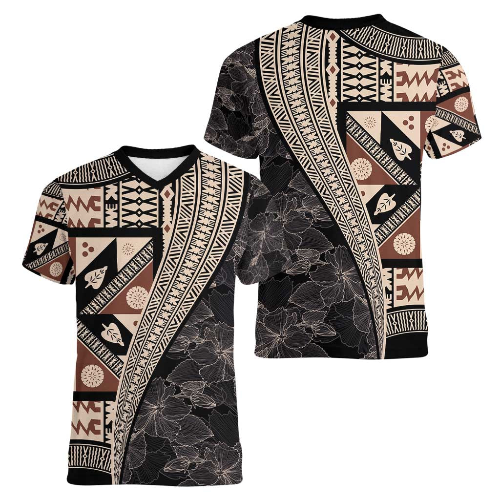 Bula Hibiscus Festival Women V-Neck T-Shirt Fijian Masi Pattern Half Style