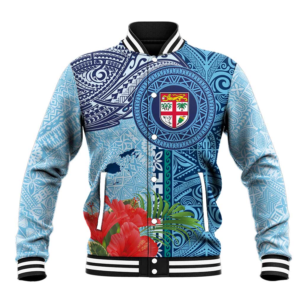 Fiji Day Baseball Jacket Tapa Pattern and Hibiscus Flower