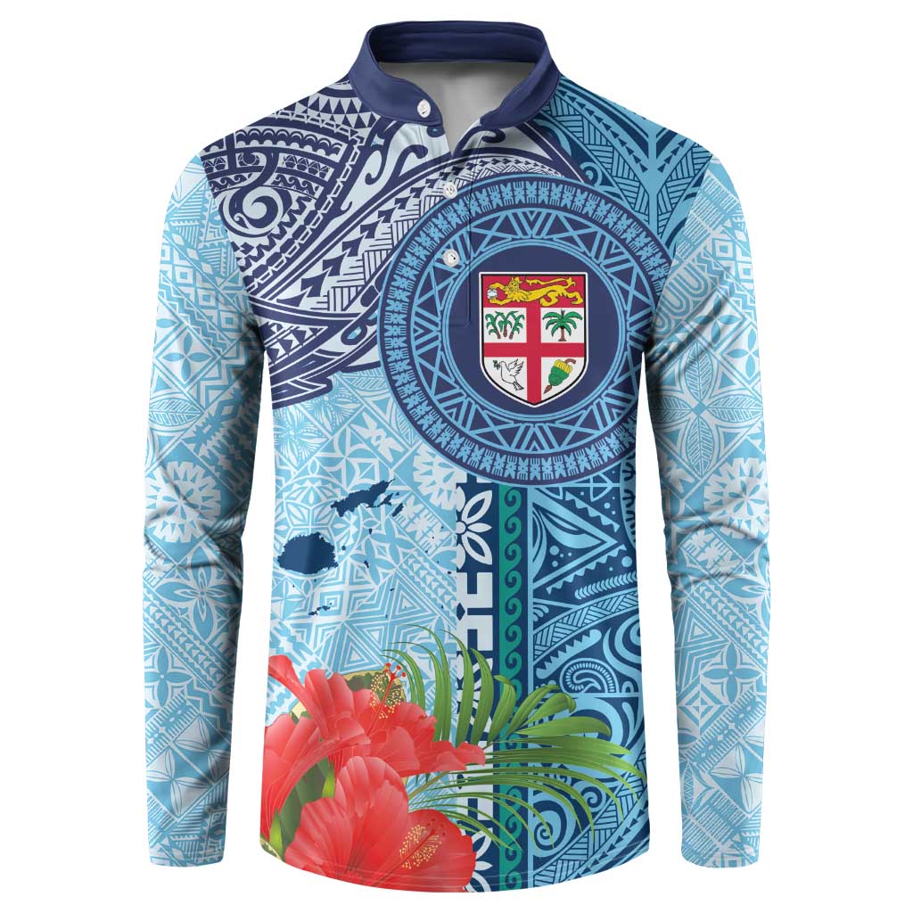Fiji Day Button Sweatshirt Tapa Pattern and Hibiscus Flower LT03 Blue - Polynesian Pride