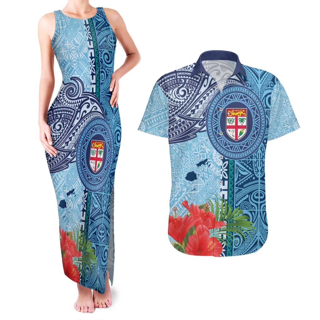 Fiji Day Couples Matching Tank Maxi Dress and Hawaiian Shirt Tapa Pattern and Hibiscus Flower