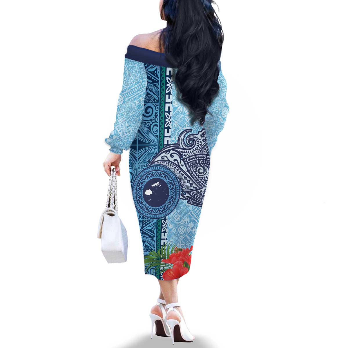 Fiji Day Family Matching Off The Shoulder Long Sleeve Dress and Hawaiian Shirt Tapa Pattern and Hibiscus Flower