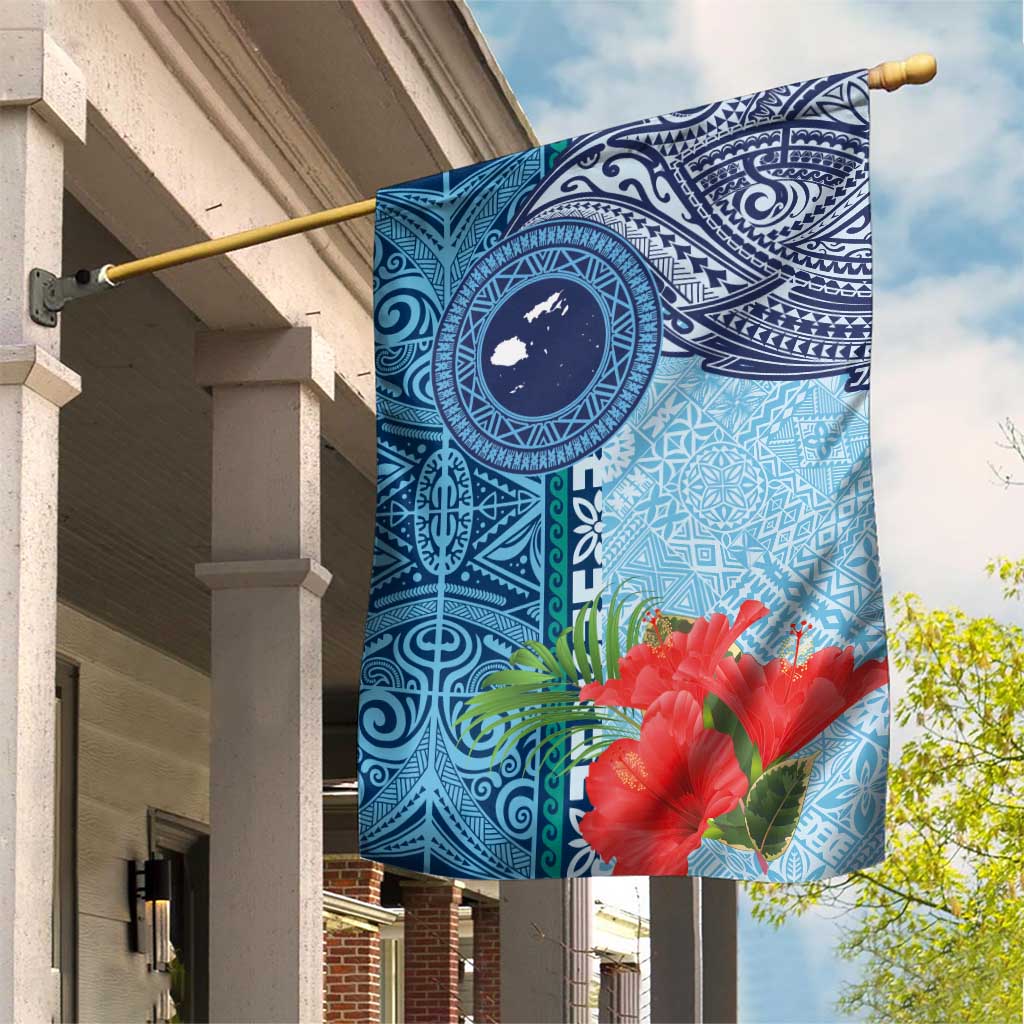 Fiji Day Garden Flag Tapa Pattern and Hibiscus Flower LT03 House Flag Blue - Polynesian Pride