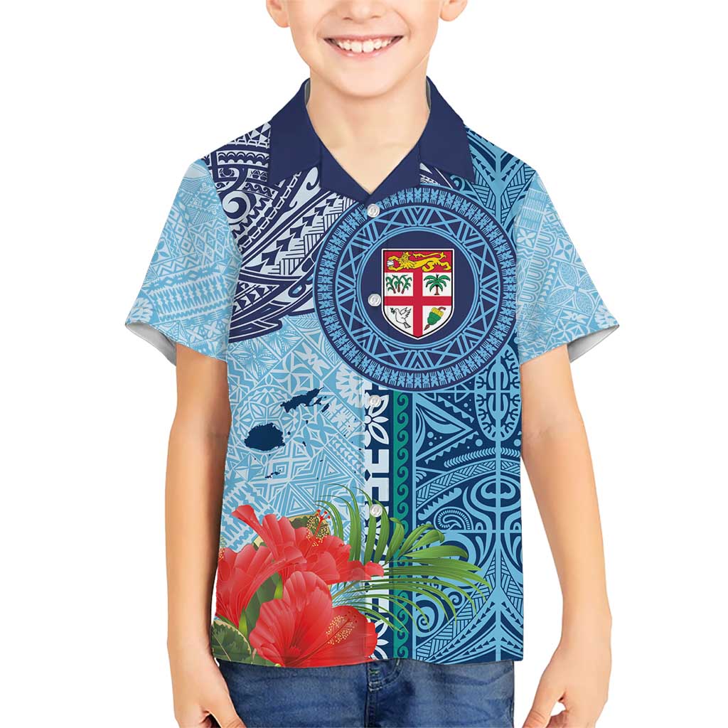 Fiji Day Kid Hawaiian Shirt Tapa Pattern and Hibiscus Flower LT03 Kid Blue - Polynesian Pride