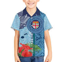 Fiji Day Kid Hawaiian Shirt Tapa Pattern and Hibiscus Flower LT03 Kid Blue - Polynesian Pride