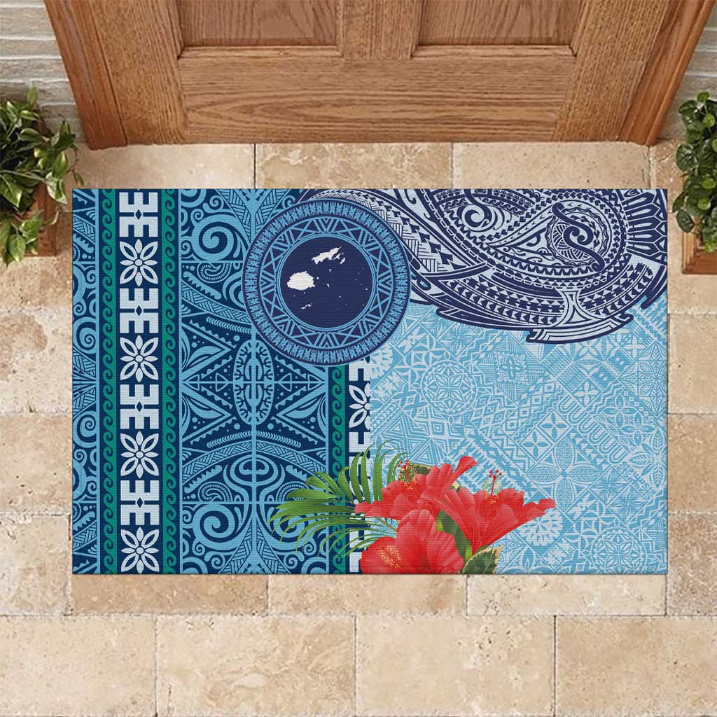 Fiji Day Rubber Doormat Tapa Pattern and Hibiscus Flower