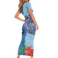 Fiji Day Short Sleeve Bodycon Dress Tapa Pattern and Hibiscus Flower