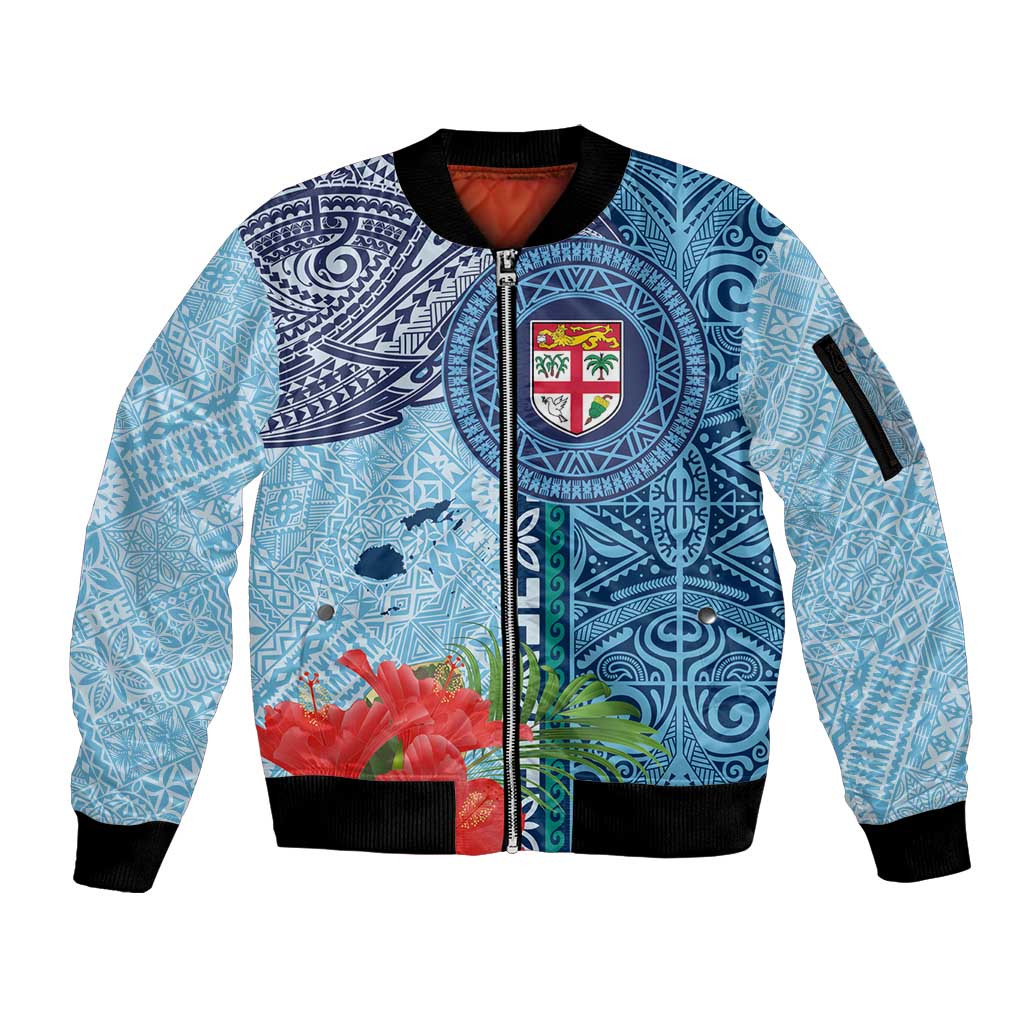 Fiji Day Sleeve Zip Bomber Jacket Tapa Pattern and Hibiscus Flower