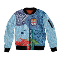 Fiji Day Sleeve Zip Bomber Jacket Tapa Pattern and Hibiscus Flower