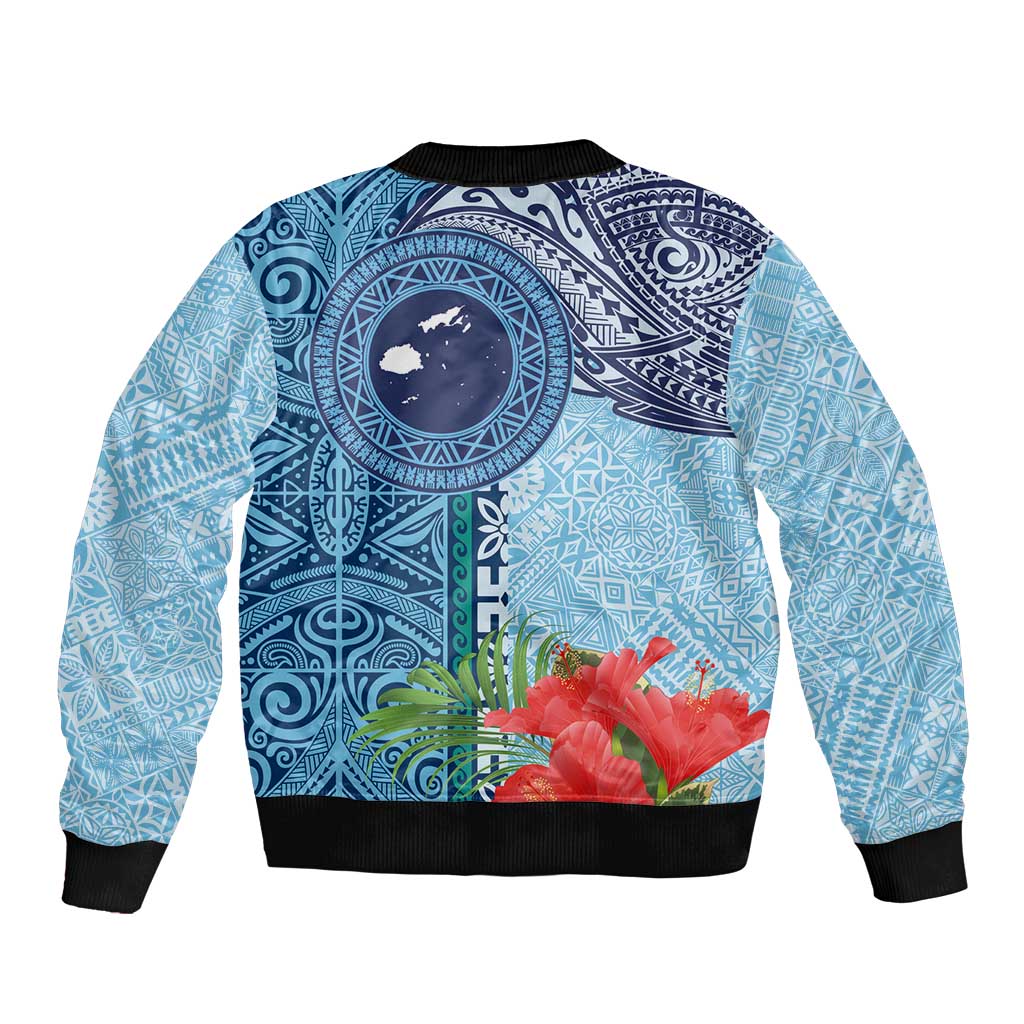 Fiji Day Sleeve Zip Bomber Jacket Tapa Pattern and Hibiscus Flower