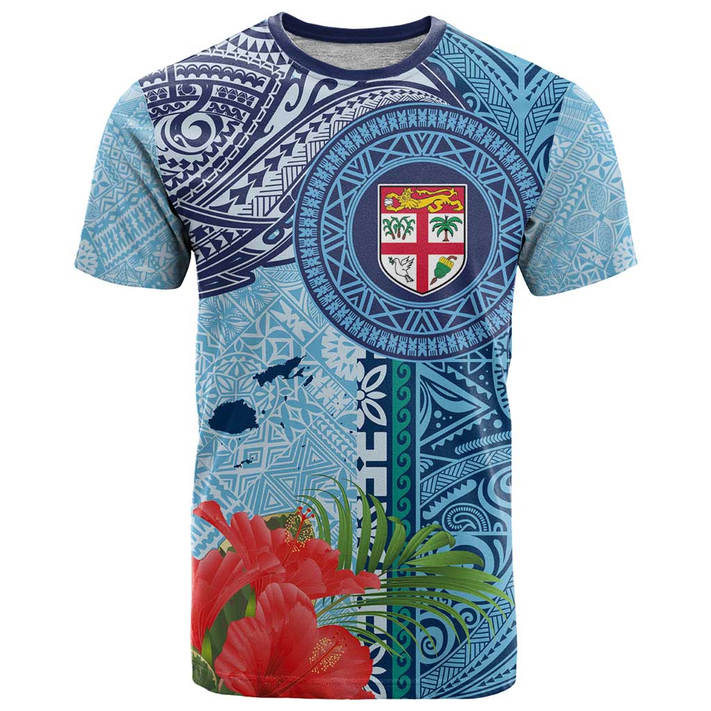Fiji Day T Shirt Tapa Pattern and Hibiscus Flower LT03 Blue - Polynesian Pride