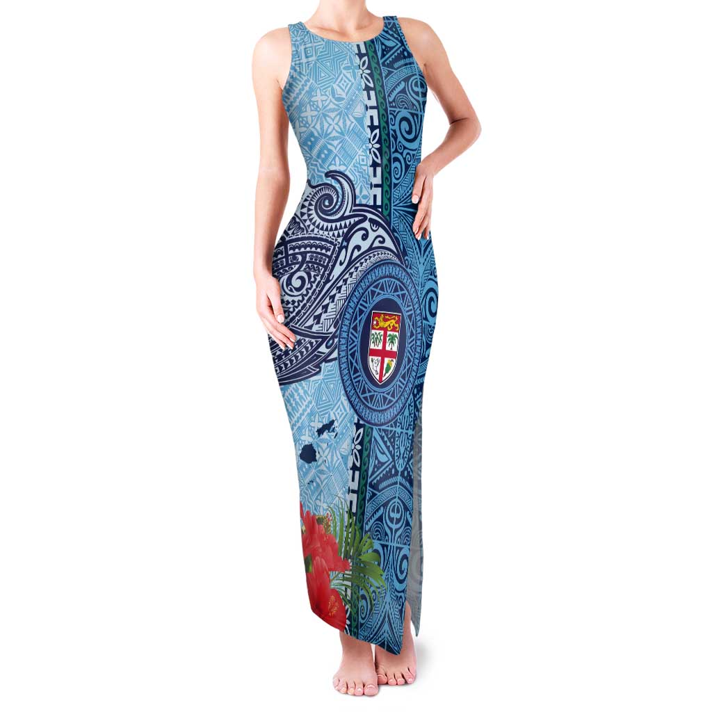 Fiji Day Tank Maxi Dress Tapa Pattern and Hibiscus Flower LT03 Women Blue - Polynesian Pride