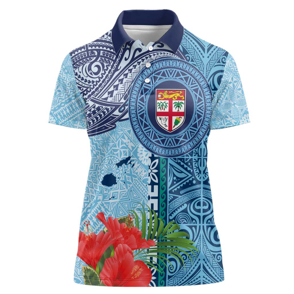 Fiji Day Women Polo Shirt Tapa Pattern and Hibiscus Flower