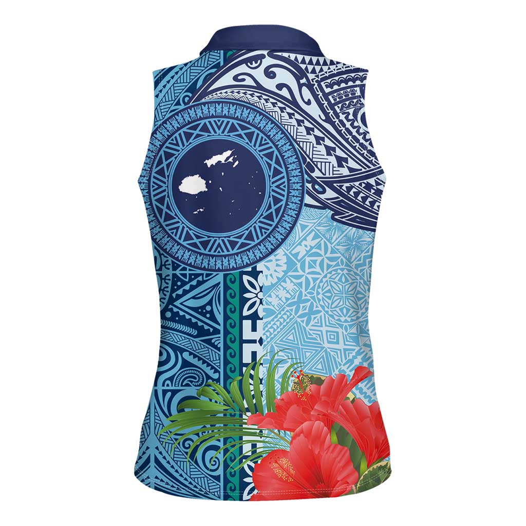Fiji Day Women Sleeveless Polo Shirt Tapa Pattern and Hibiscus Flower