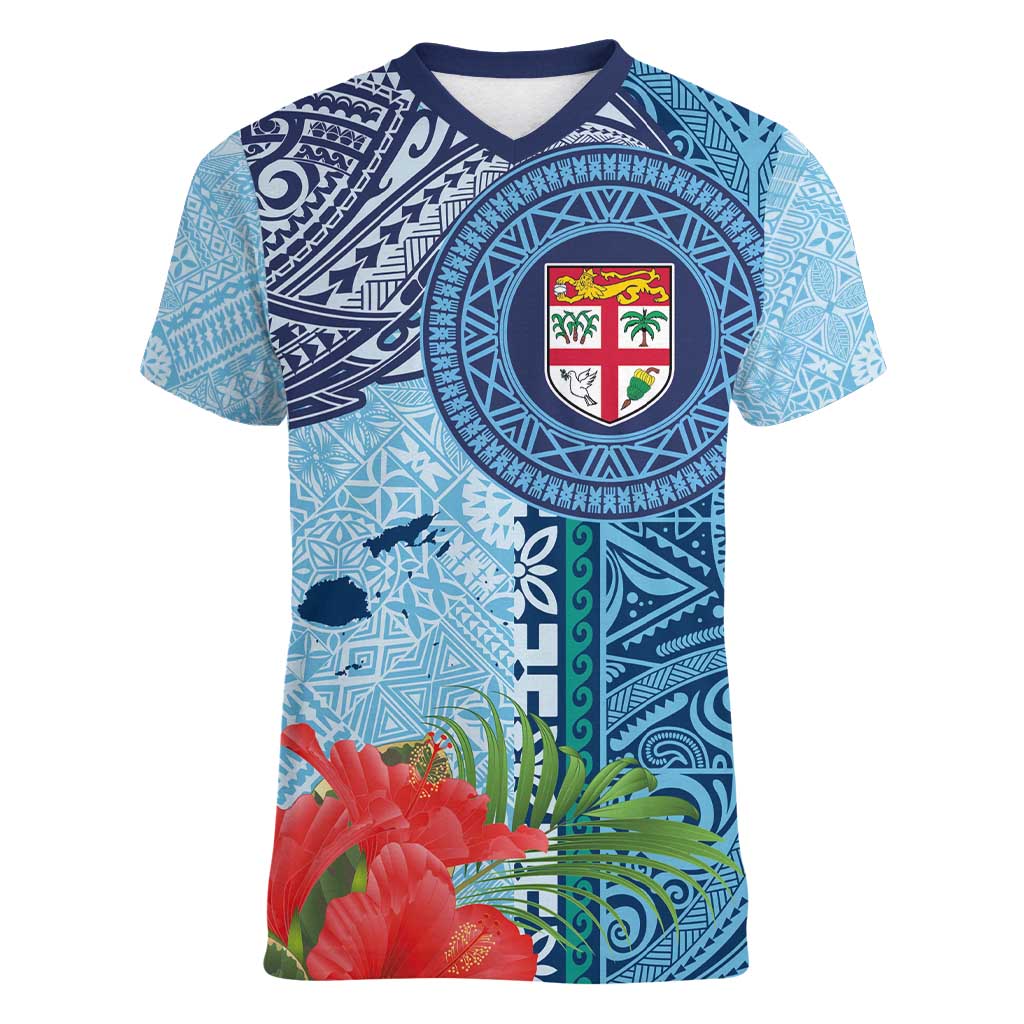 Fiji Day Women V-Neck T-Shirt Tapa Pattern and Hibiscus Flower