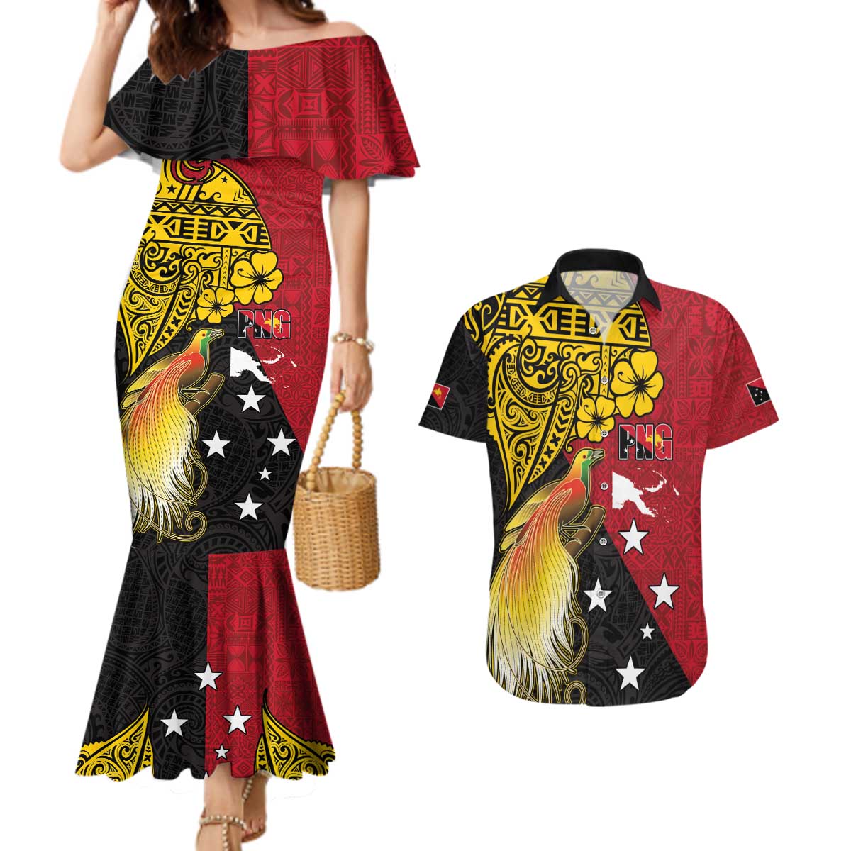 Papua New Guinea Independence Day Couples Matching Mermaid Dress and Hawaiian Shirt Bird-of-Paradise with Map and Polynesian Pattern LT03 Black - Polynesian Pride