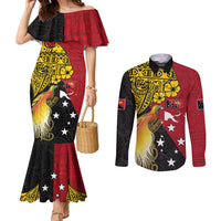 Papua New Guinea Independence Day Couples Matching Mermaid Dress and Long Sleeve Button Shirt Bird-of-Paradise with Map and Polynesian Pattern LT03 Black - Polynesian Pride