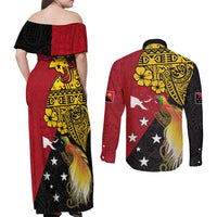 Papua New Guinea Independence Day Couples Matching Off Shoulder Maxi Dress and Long Sleeve Button Shirt Bird-of-Paradise with Map and Polynesian Pattern LT03 - Polynesian Pride
