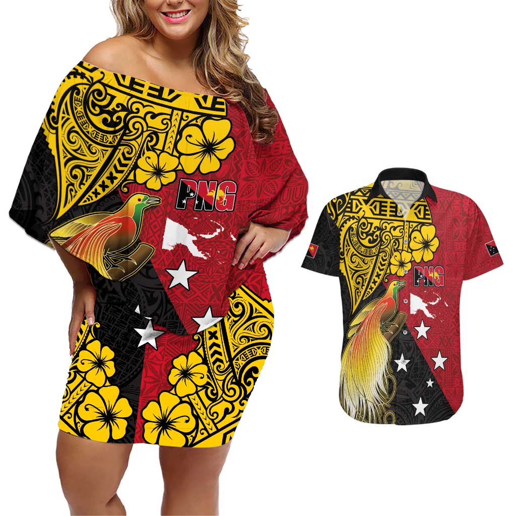 Papua New Guinea Independence Day Couples Matching Off Shoulder Short Dress and Hawaiian Shirt Bird-of-Paradise with Map and Polynesian Pattern