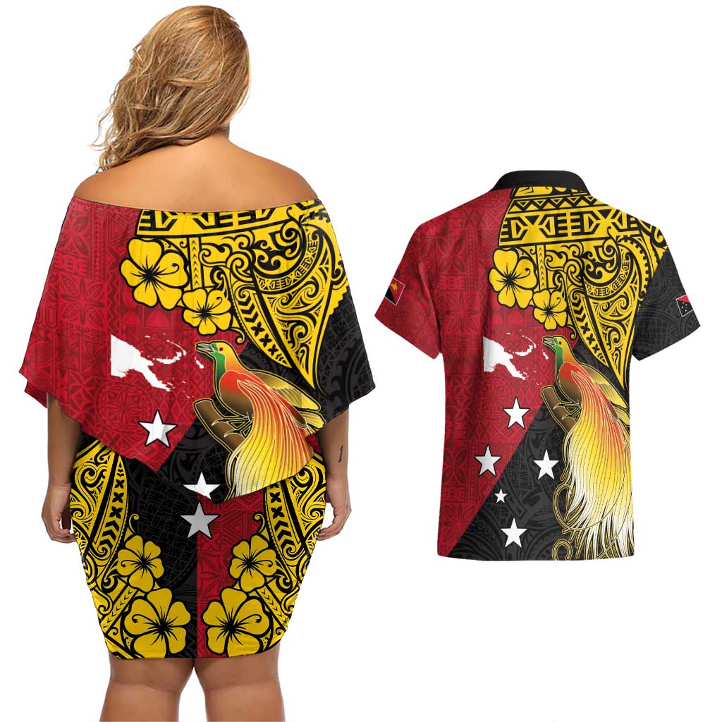 Papua New Guinea Independence Day Couples Matching Off Shoulder Short Dress and Hawaiian Shirt Bird-of-Paradise with Map and Polynesian Pattern LT03 - Polynesian Pride