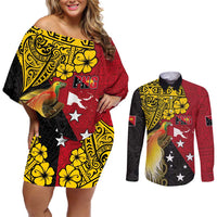 Papua New Guinea Independence Day Couples Matching Off Shoulder Short Dress and Long Sleeve Button Shirt Bird-of-Paradise with Map and Polynesian Pattern LT03 Black - Polynesian Pride