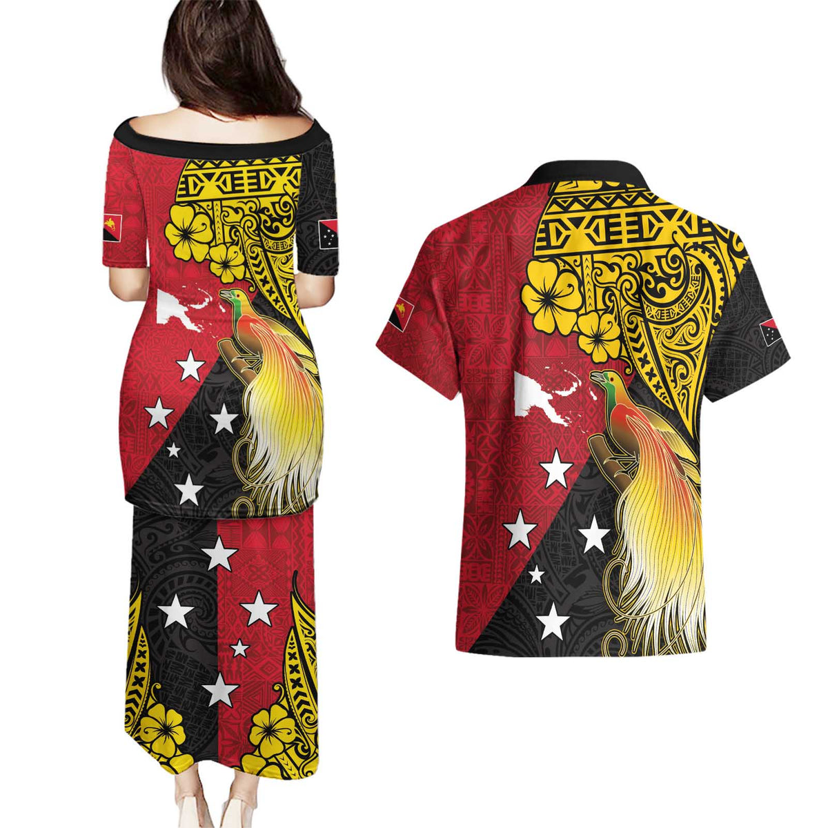 Papua New Guinea Independence Day Couples Matching Puletasi and Hawaiian Shirt Bird-of-Paradise with Map and Polynesian Pattern LT03 - Polynesian Pride