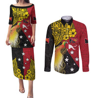 Papua New Guinea Independence Day Couples Matching Puletasi and Long Sleeve Button Shirt Bird-of-Paradise with Map and Polynesian Pattern LT03 Black - Polynesian Pride