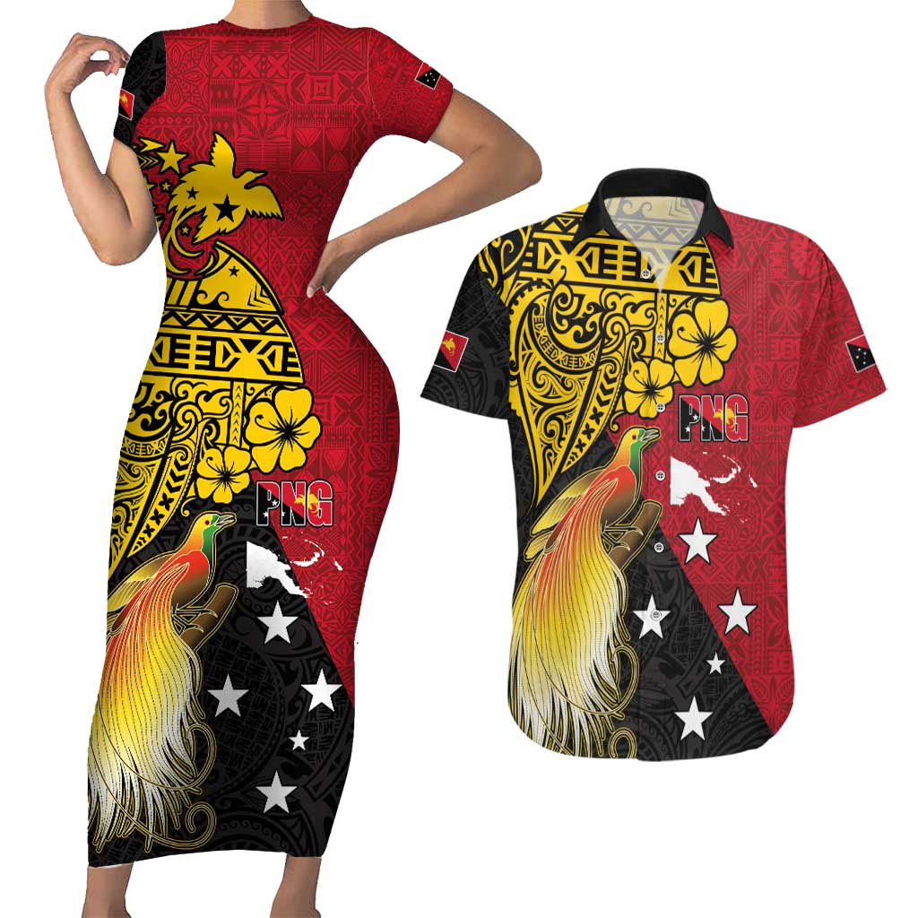 Papua New Guinea Independence Day Couples Matching Short Sleeve Bodycon Dress and Hawaiian Shirt Bird-of-Paradise with Map and Polynesian Pattern