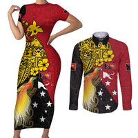 Papua New Guinea Independence Day Couples Matching Short Sleeve Bodycon Dress and Long Sleeve Button Shirt Bird-of-Paradise with Map and Polynesian Pattern LT03 Black - Polynesian Pride