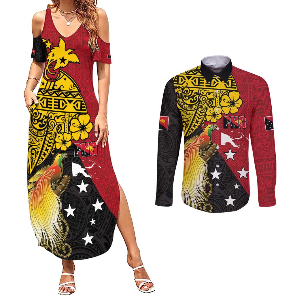 Papua New Guinea Independence Day Couples Matching Summer Maxi Dress and Long Sleeve Button Shirt Bird-of-Paradise with Map and Polynesian Pattern LT03 Black - Polynesian Pride