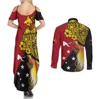 Papua New Guinea Independence Day Couples Matching Summer Maxi Dress and Long Sleeve Button Shirt Bird-of-Paradise with Map and Polynesian Pattern LT03 - Polynesian Pride
