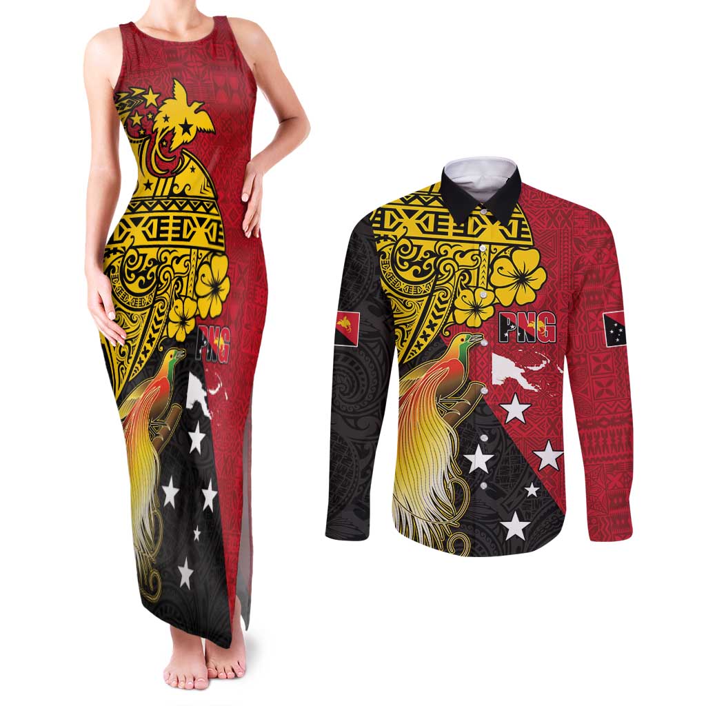 Papua New Guinea Independence Day Couples Matching Tank Maxi Dress and Long Sleeve Button Shirt Bird-of-Paradise with Map and Polynesian Pattern
