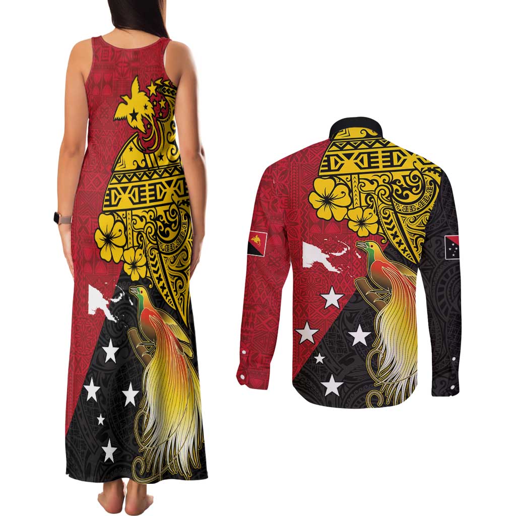 Papua New Guinea Independence Day Couples Matching Tank Maxi Dress and Long Sleeve Button Shirt Bird-of-Paradise with Map and Polynesian Pattern LT03 - Polynesian Pride