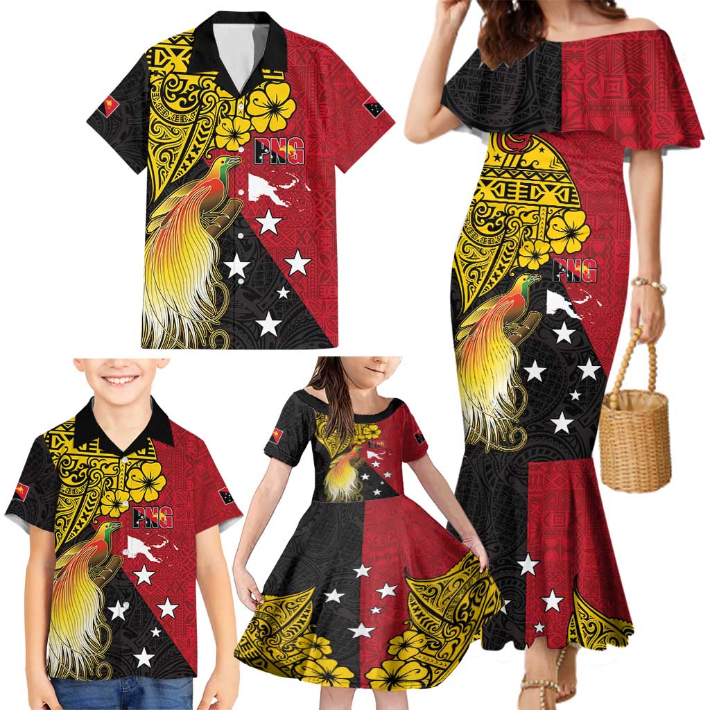 Papua New Guinea Independence Day Family Matching Mermaid Dress and Hawaiian Shirt Bird-of-Paradise with Map and Polynesian Pattern LT03 - Polynesian Pride