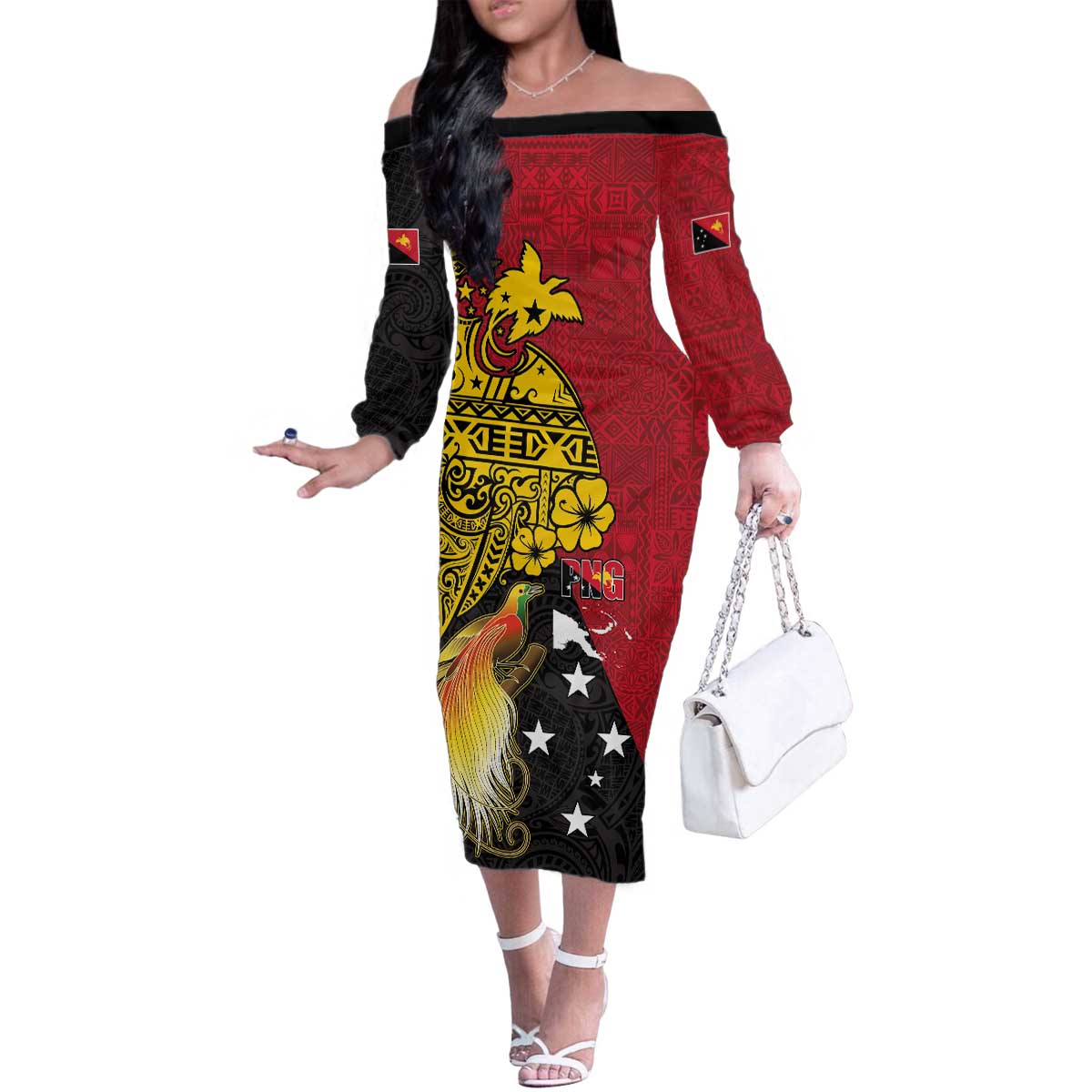 Papua New Guinea Independence Day Family Matching Off The Shoulder Long Sleeve Dress and Hawaiian Shirt Bird-of-Paradise with Map and Polynesian Pattern LT03 Mom's Dress Black - Polynesian Pride