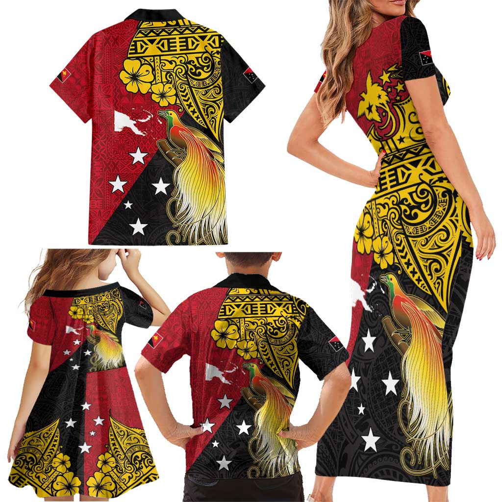 Papua New Guinea Independence Day Family Matching Short Sleeve Bodycon Dress and Hawaiian Shirt Bird-of-Paradise with Map and Polynesian Pattern LT03 - Polynesian Pride