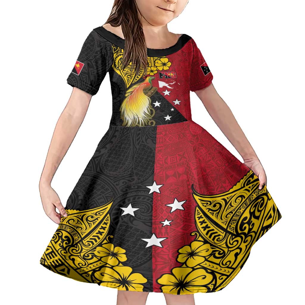 Papua New Guinea Independence Day Family Matching Summer Maxi Dress and Hawaiian Shirt Bird-of-Paradise with Map and Polynesian Pattern LT03 Daughter's Dress Black - Polynesian Pride