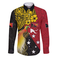 Papua New Guinea Independence Day Family Matching Tank Maxi Dress and Hawaiian Shirt Bird-of-Paradise with Map and Polynesian Pattern LT03 Dad's Shirt - Long Sleeve Black - Polynesian Pride