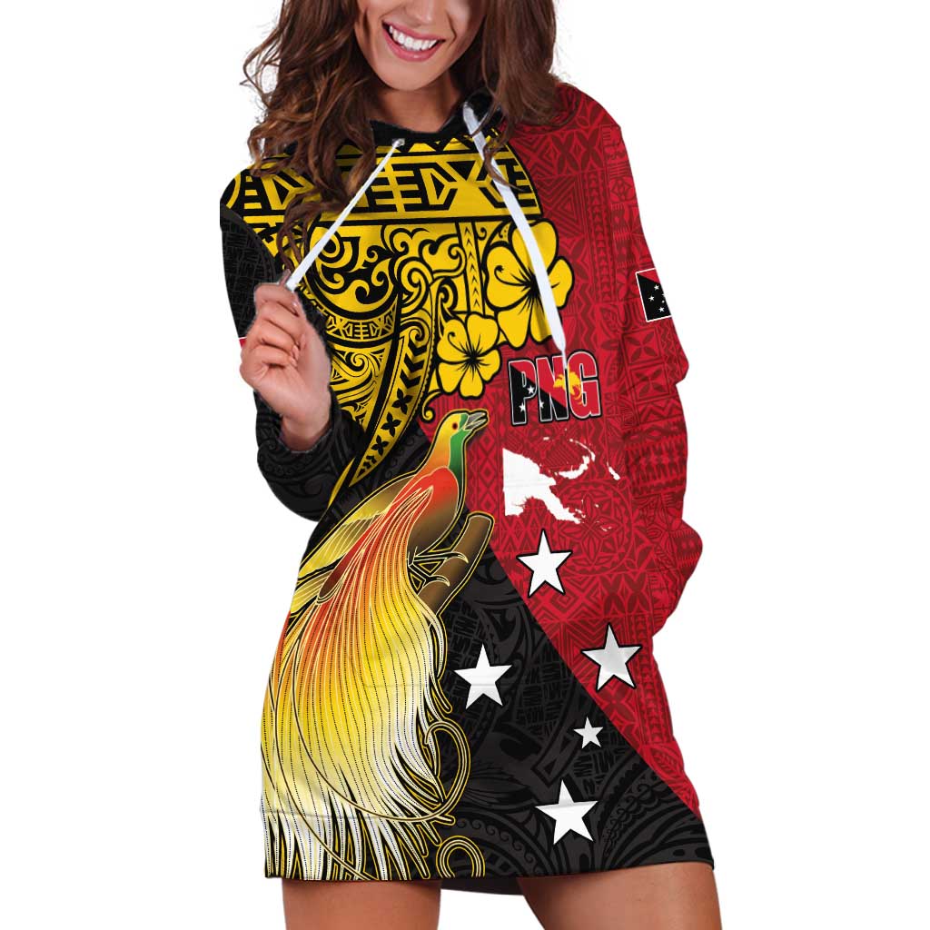 Papua New Guinea Independence Day Hoodie Dress Bird-of-Paradise with Map and Polynesian Pattern LT03 Black - Polynesian Pride