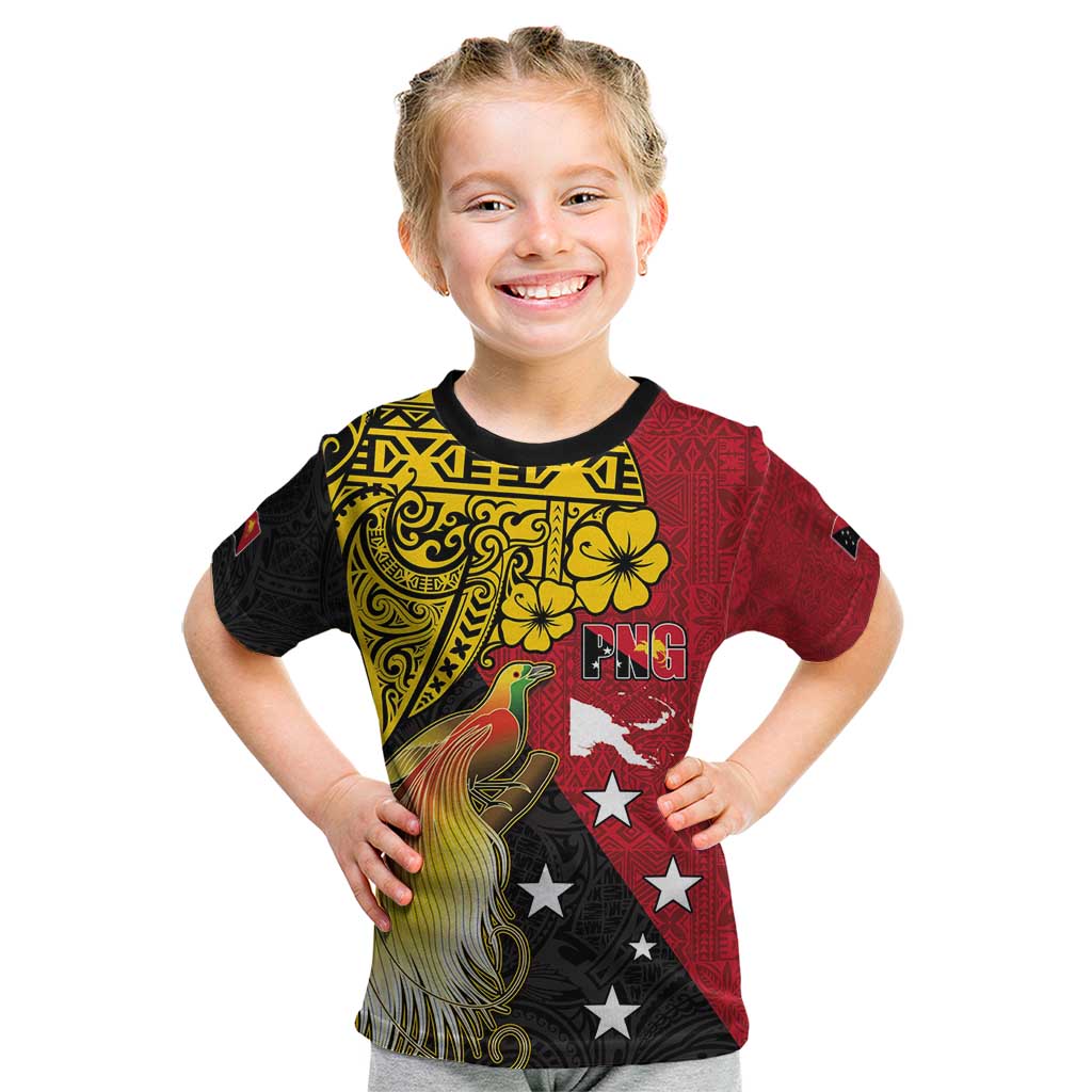 Papua New Guinea Independence Day Kid T Shirt Bird-of-Paradise with Map and Polynesian Pattern LT03 Black - Polynesian Pride